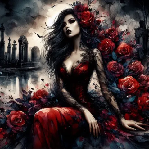 Dark Fantasy Woman in Cemetery Scene
