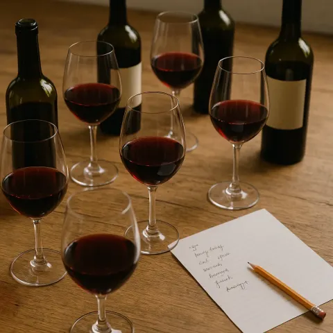 Table with Multiple Wine Glasses Containing Red Wine