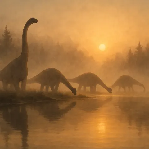 Tranquil Lakeside Setting Reveals a Herd of Magnificent Sauropods Calmly