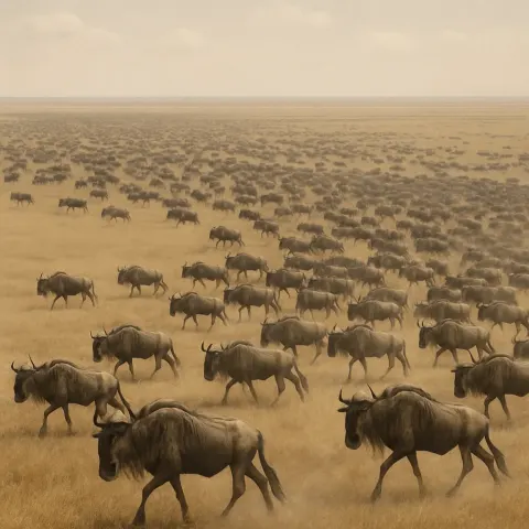 Vast Herd of Wildebeest Stretches Across an Endless Savanna Plain