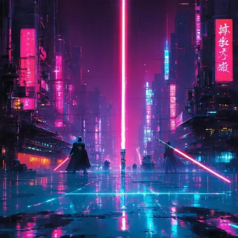 Neon Jedi Lightsaber Duel in Future Tokyo