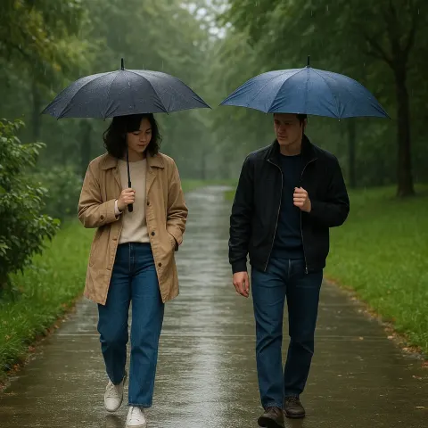Two People Walking Outdoors on a Rainy Day with Umbrellas