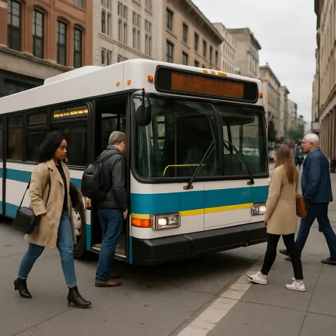 City Bus Stopped on a Street with Pedestrians Nearby