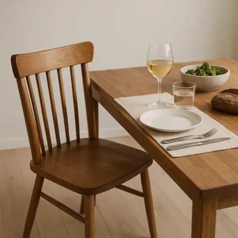 Picture Depicting a Dining Table Accompanied by a Wooden Chair