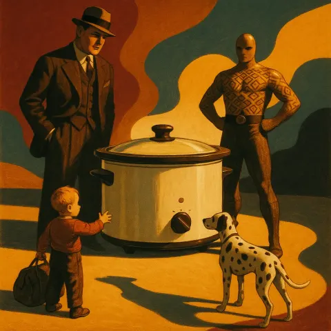 Giant 1920s Figure and a Gold-patterned Hero in Culottes Flank