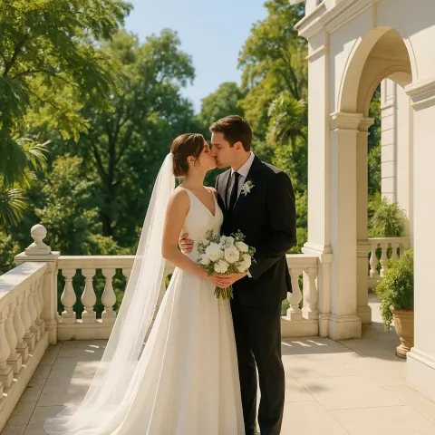 Bride and Groom Share a Kiss on a Sunny
