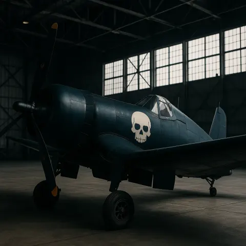 Dark Blue Vintage Fighter Plane with a Skull Insignia Displayed