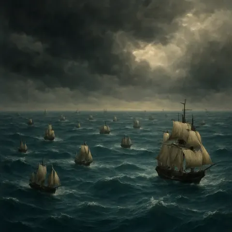 Scattered Formation of Numerous Ancient Sailing Ships