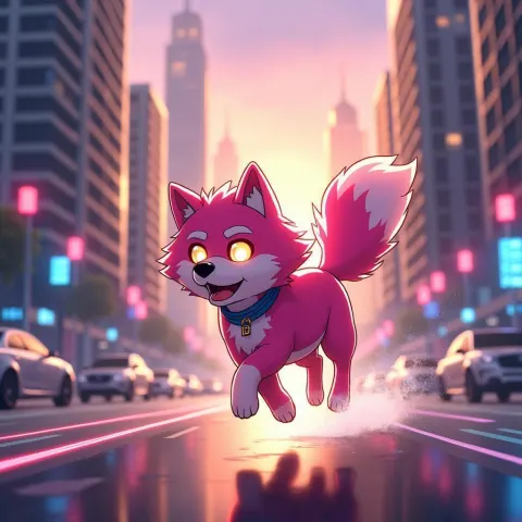 Pink Furred Dog Sprinting Through Neon Streets