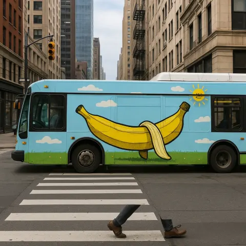 City Street Scene Featuring a Bus with a Creative Advertisement
