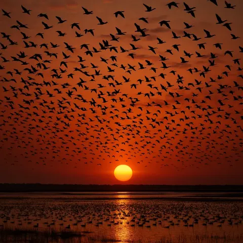 Countless Birds Take Flight from a Vast