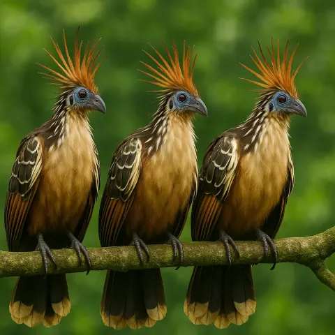 Three Hoatzins with Spiky Orange Crests Perched on a Tree