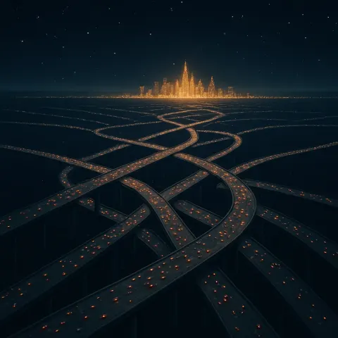 Myriad Tiny Vehicles Stream Along Interconnected Highways Crisscrossing a Vast