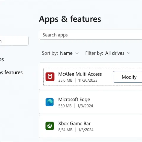 Windows Settings Screen Displaying the "Apps & Features" Section
