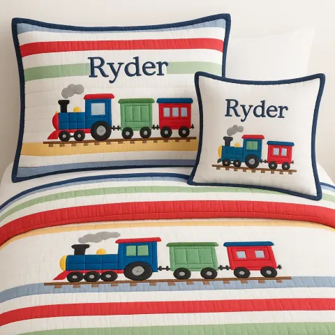 Children's Train-themed Bedding Set Featuring Colorful Stripes