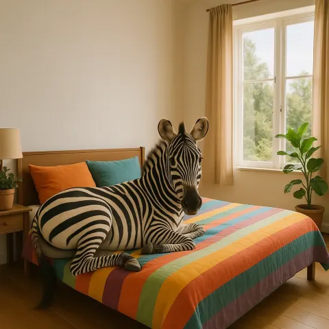 Zebra Resting on a Vibrant Bed Within a Peaceful Room