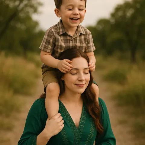 Joyful Young Boy Perches with Care on the Shoulders