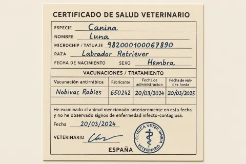Completed Veterinary Health Certificate Issued in Spain