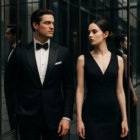 Two Elegantly Dressed Individuals Wearing Formal Black and White Attire