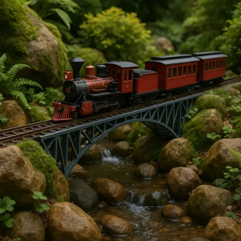 Miniature Train Crosses a Bridge