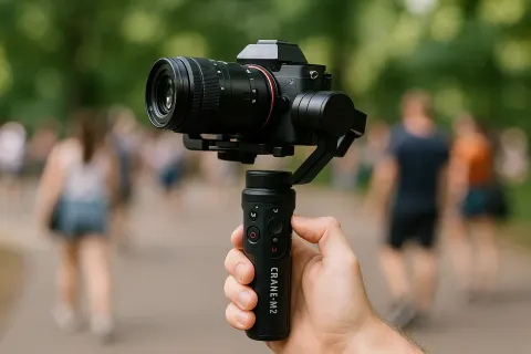 Hand Holds a Zhiyun Crane M2 Stabilizer with a Camera