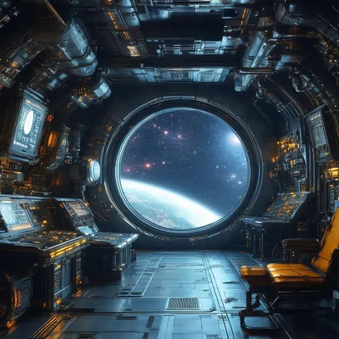 Starship Engine Room Against Distant Stars