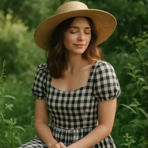 Woman in a Checkered Dress and Wide-brimmed Hat Sitting Outdoors