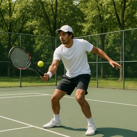 Person Playing Tennis on an Outdoor Court Surrounded by Trees
