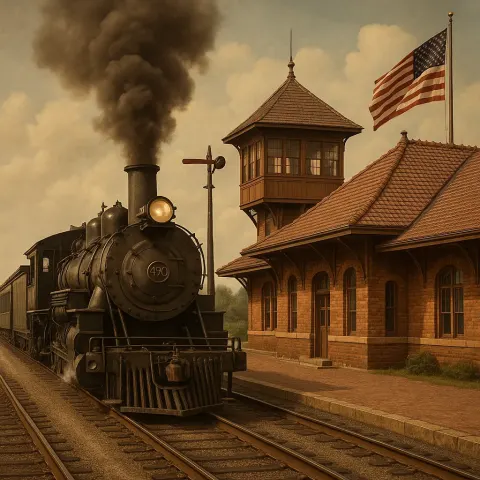 Vintage Steam Train Approaches a Historic Train Station