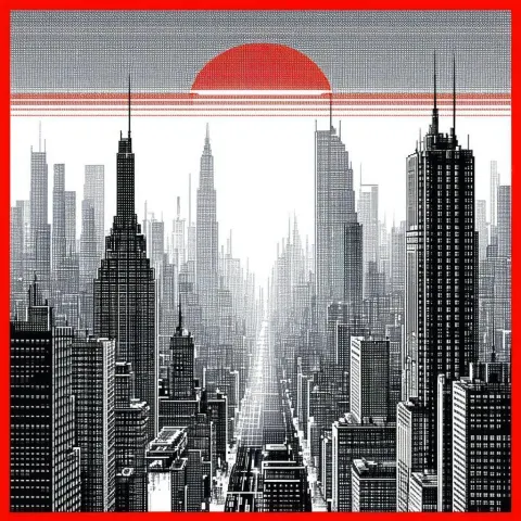 Monochrome Pixel City Framed in Red