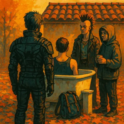 Centrally Composed Group of Four Figures Interacts on an Autumnal