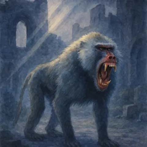 Baboon with Bared Teeth in Medieval Castle Ruins