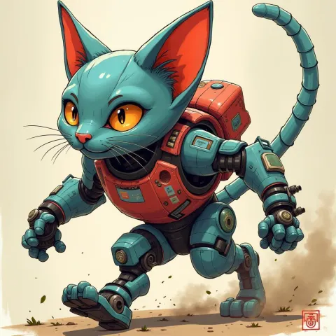 Cyborg Cat in Vibrant Animated Motion
