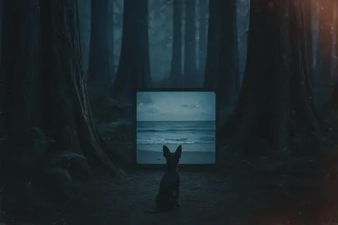 Toy Terrier Observes a Screen's Seashore Amidst Ancient Redwoods