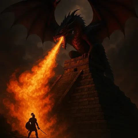 Deep Crimson Dragon Perched Atop a Majestic Mayan Pyramid