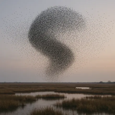 Dense Flock of Countless Starlings Performs an Intricate Murmuration