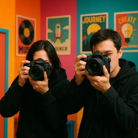 Two Individuals Wearing Dark Clothing Are Holding Cameras and Taking