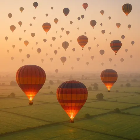 Dozens of Glowing Hot Air Balloons Ascend into the Hazy