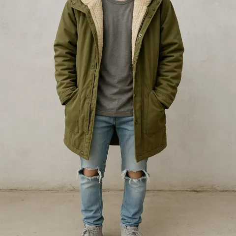Person Wearing a Long Olive Green Winter Coat with Shearling