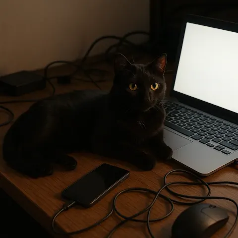 Black Cat Is Lying on a Wooden Desk