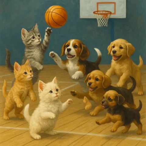 Basketball Match Featuring a Squad of Four Kittens Competing