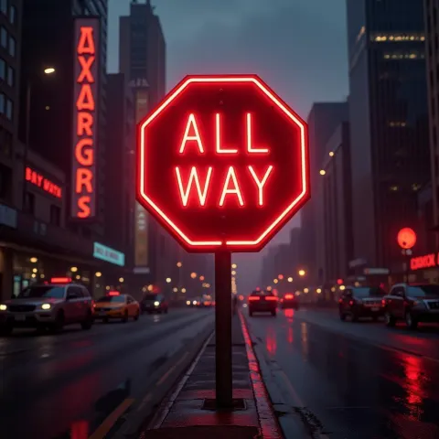 Glowing All Way Stop Sign at Night