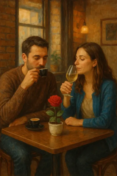 Couple Sits Together at a Compact Square Table