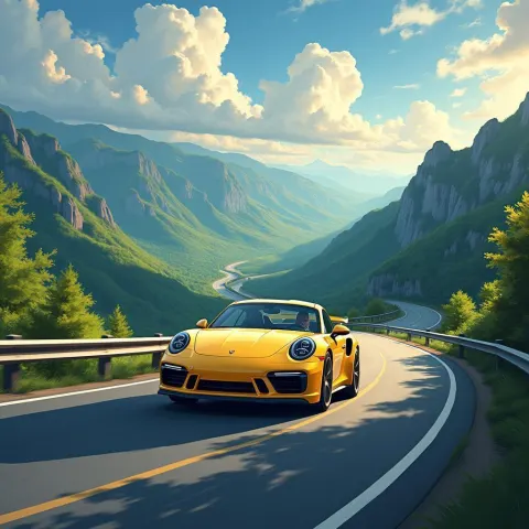 Yellow Porsche Carving a Mountain Curve