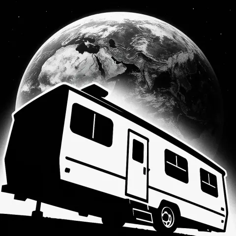 Mobile Home in Stark Black-and-white Silhouette Looms