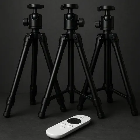 Three Matte Black Tripods Are Positioned in a Row