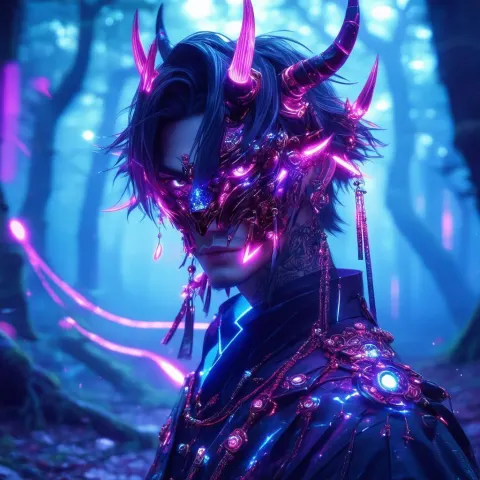 Oni Masked Character in a Cyberpunk Forest