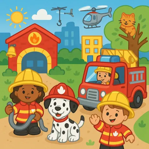 Cartoon-style Scene Featuring Fisher-Price Little People Firefighters
