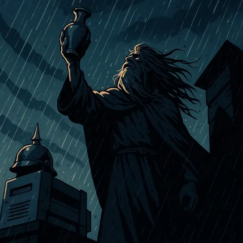 Towering Shaman with Flowing Hair Raises a Polished Metal Vase