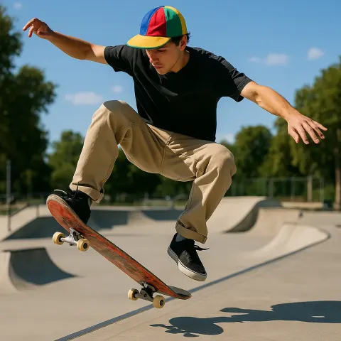 Skateboarder Wearing a Colorful Cap Performs a Trick